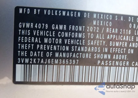 2014 Volkswagen Jetta 2.0L S z USA, uszkodzony, nr VIN 3VW2K7AJ6EM365397